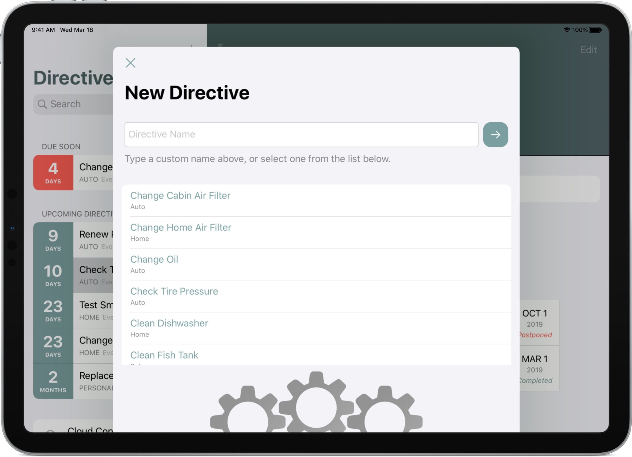 Directive maintenance task templates on iPhone and iPad